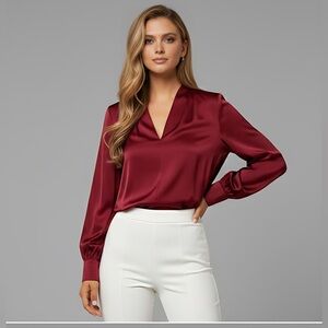 V-neck Lantern Sleeve Satin Blouse Burgundy